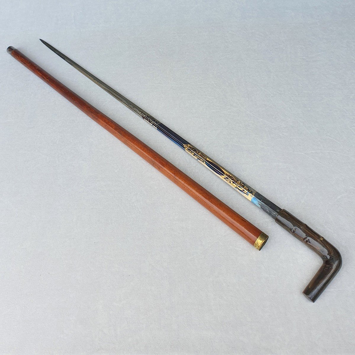 Strong Sword Cane, Beautiful Blued Blade, 19th Century-photo-3