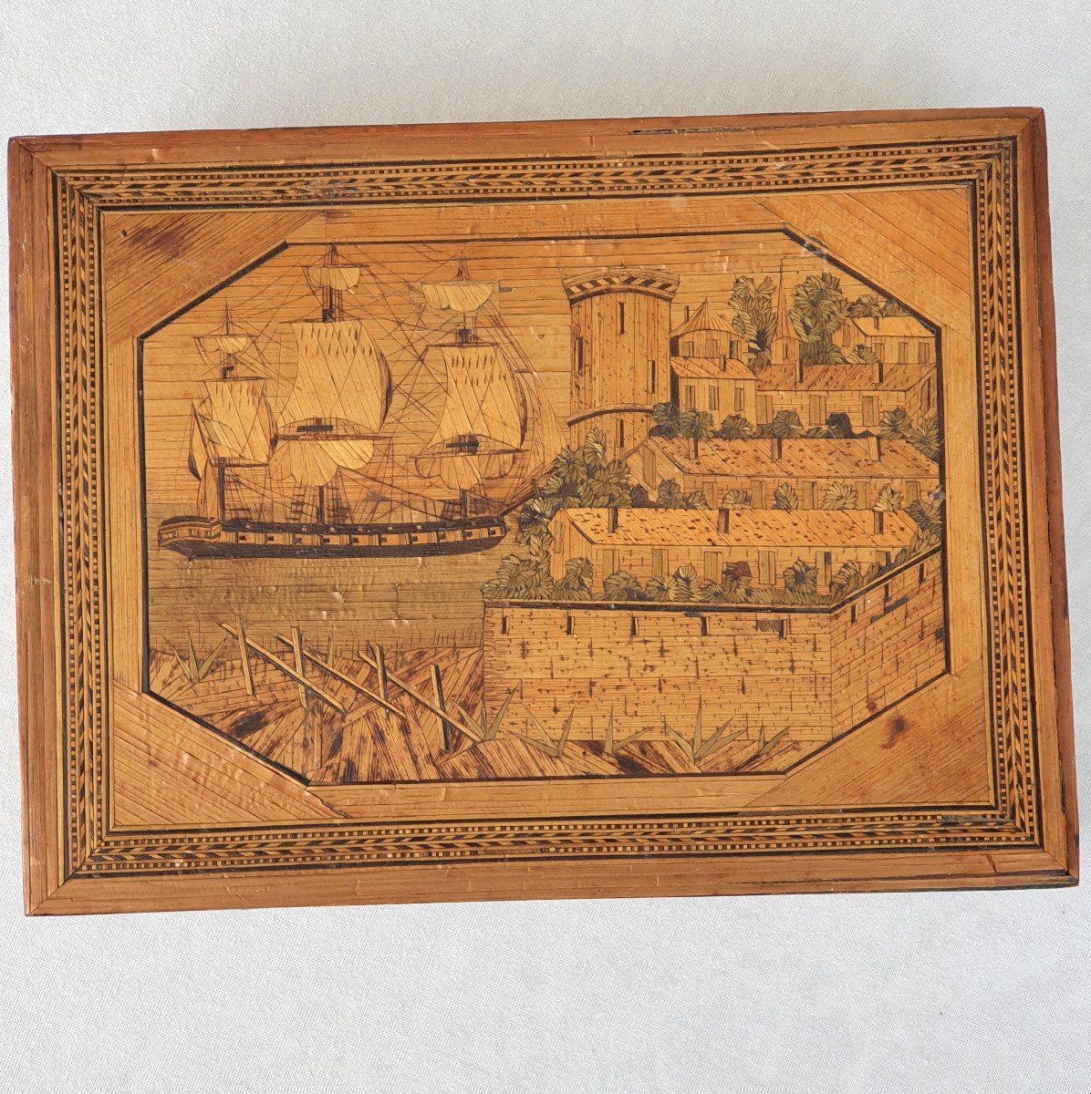 Straw Marquetry Box, Ship, Early 19th Century-photo-3