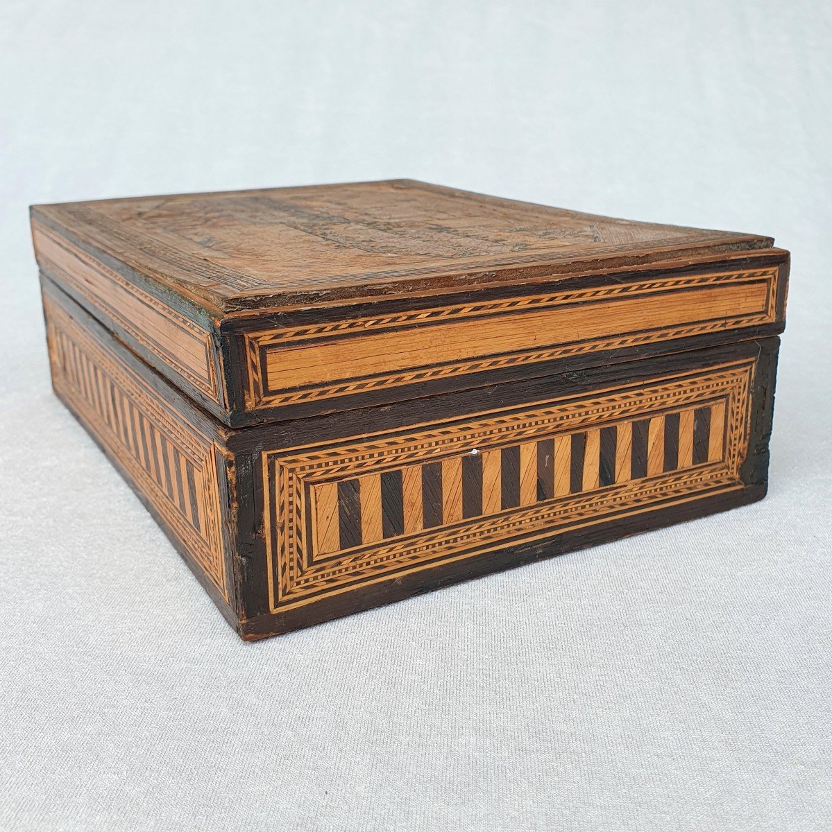 Straw Marquetry Box, Ship, Early 19th Century-photo-1