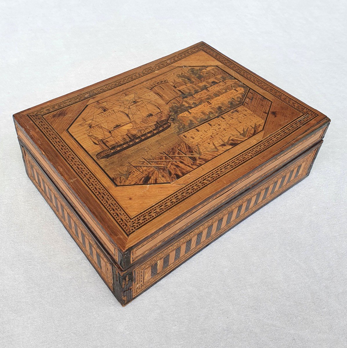 Straw Marquetry Box, Ship, Early 19th Century-photo-2