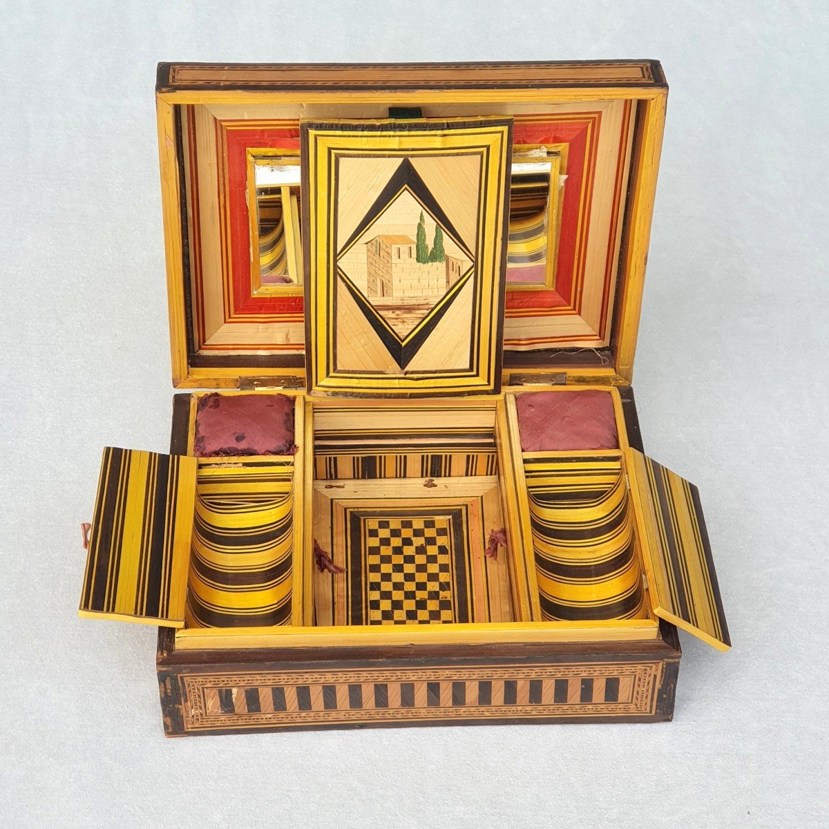 Straw Marquetry Box, Ship, Early 19th Century