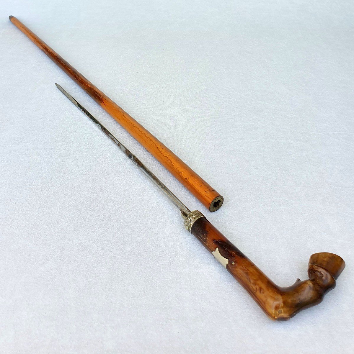 Canne épée ancienne, poignée corne, jambe de cheval-photo-2