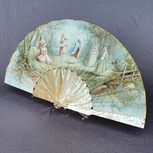 Antique French Fan, Signed Painted Scene, Mother-of-pearl Frame, 19th Century