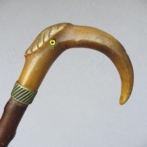 Cane With Bird's Head Knob In Horn With Glass Eyes, Late 19th Century