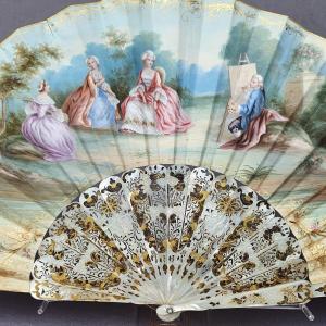Old Fan, Mother-of-pearl Frame, Leaf Painted With Gouache, Circa 1860