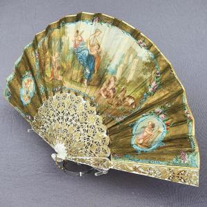 Antique Fan, Mother-of-pearl And Gouache, Circa 1860, Venus Surrounded By Putti