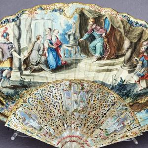 Antique 18th Century Fan , Mother-of-pearl Frame, Painted Leaf, Esther And Assuerus