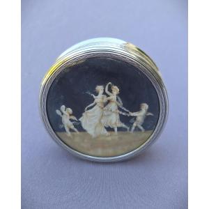 Guilloché Silver Box With Vermeil Interior, Lid Decorated With A Miniature.