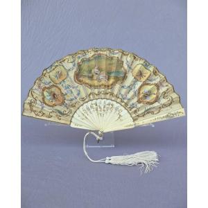 Antique Fan, Gouache On Silk, Bone Frame, Creusy Paris, Circa 1910