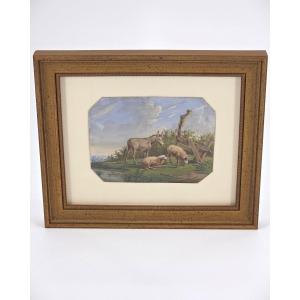 Miniature Donkey And Sheep, Gouache On Paper, 19th Century, Monogram Ev