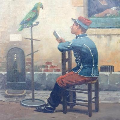 Jules Monge (1855-1936) , Huile sur toile « Le soldat et le perroquet » 