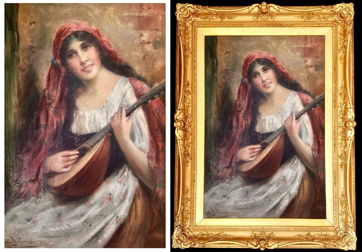William Joseph Carroll (1842-1902) - Portrait Of A Beautiful Young Italian Woman Playing The Lute-photo-3