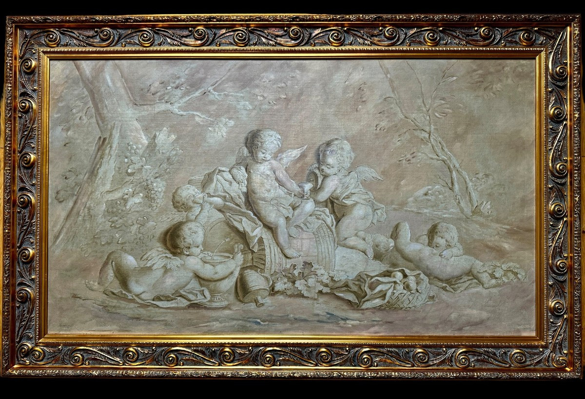 A Trompe l'Oeil Bas-relief Depicting Putti At A Country Festival In Grisaille