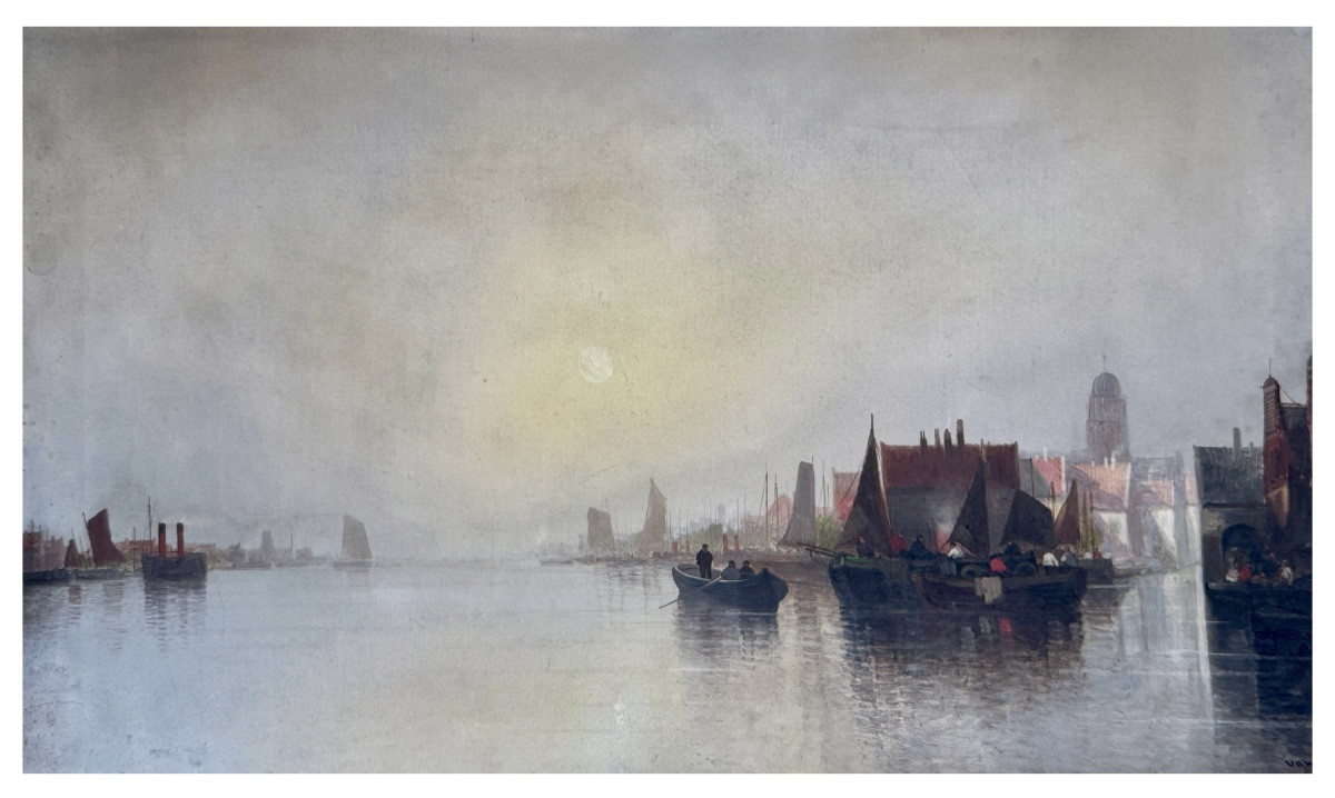 Scène portuaire hollandaise avec bateaux de pêche, Augustus Van Hier (Néerlandais, XIXe siècle)-photo-2