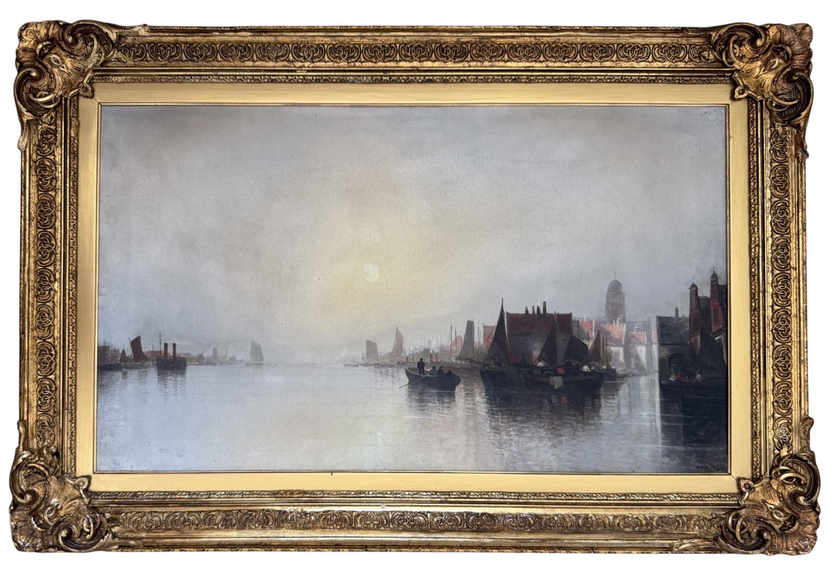 Scène portuaire hollandaise avec bateaux de pêche, Augustus Van Hier (Néerlandais, XIXe siècle)-photo-4