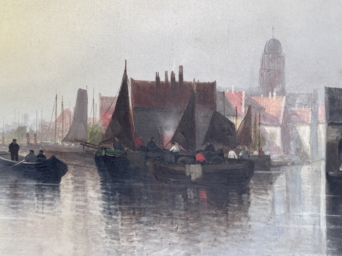 Scène portuaire hollandaise avec bateaux de pêche, Augustus Van Hier (Néerlandais, XIXe siècle)-photo-3