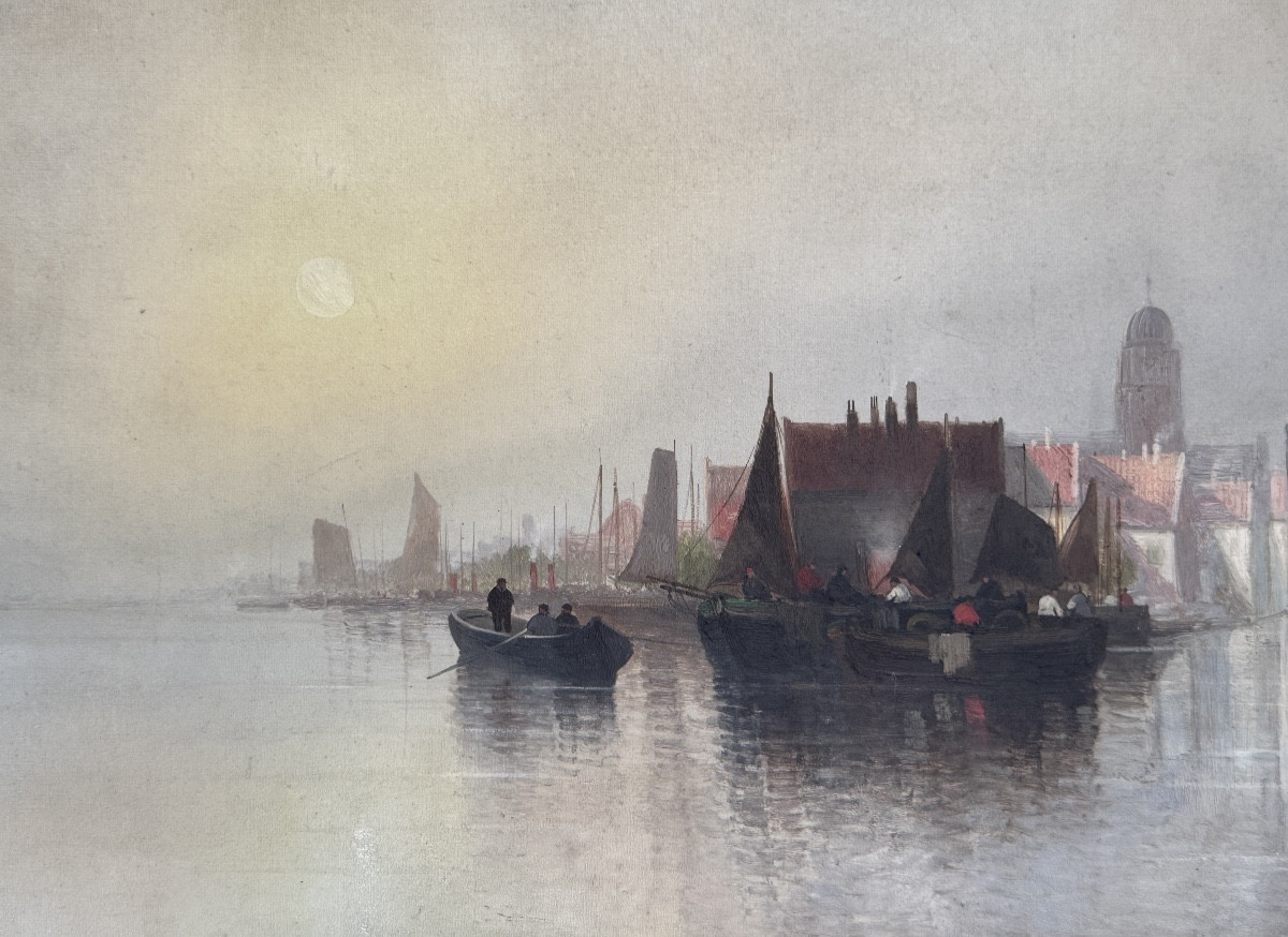 Scène portuaire hollandaise avec bateaux de pêche, Augustus Van Hier (Néerlandais, XIXe siècle)-photo-4