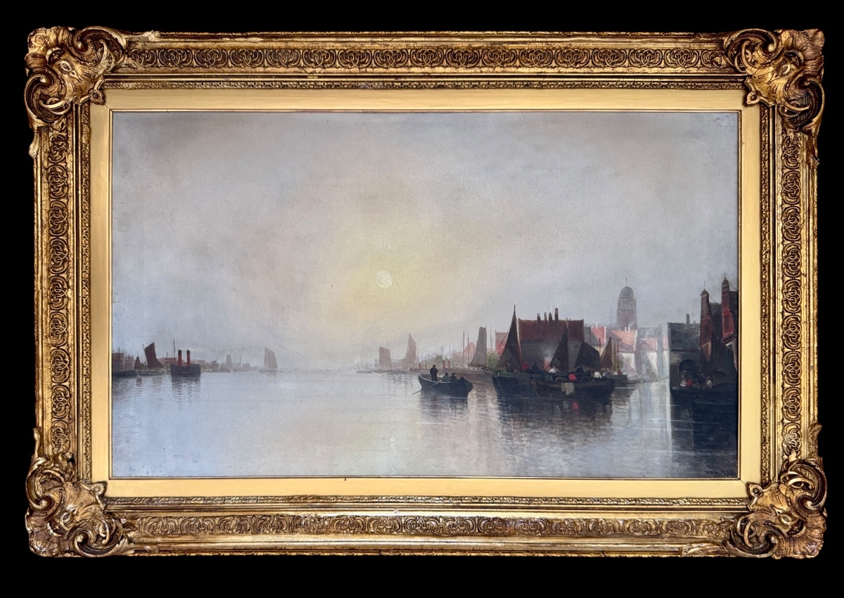 Scène portuaire hollandaise avec bateaux de pêche, Augustus Van Hier (Néerlandais, XIXe siècle)-photo-7