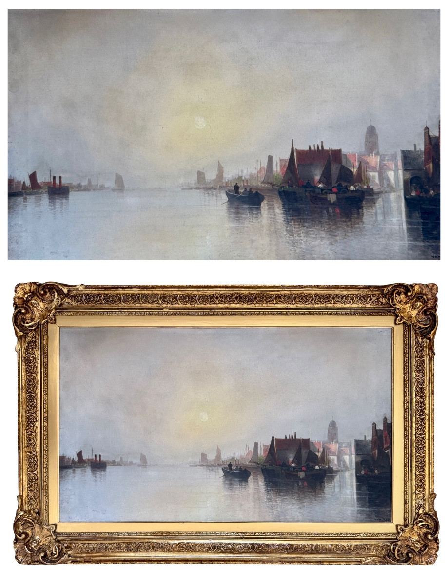 Scène portuaire hollandaise avec bateaux de pêche, Augustus Van Hier (Néerlandais, XIXe siècle)-photo-8