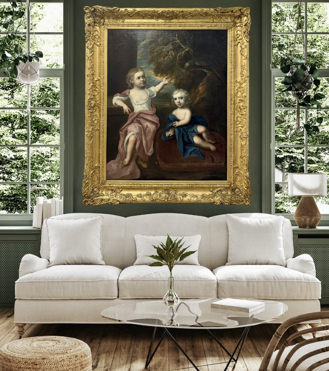 17th Century Anglo-dutch School Portrait Of Two Young Boys With A Parrot-photo-3