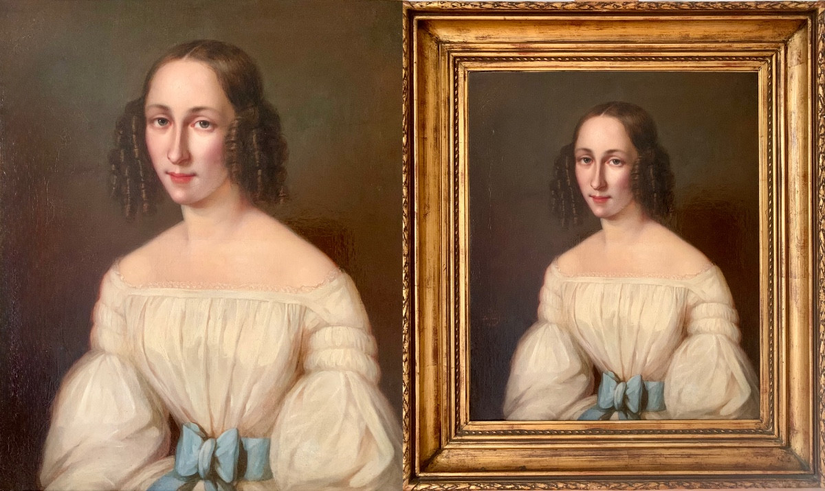 Jenny Lesbroussart( 19th Century) - A Bust- Length Portrait Of A Young Lady In A White  Dress-photo-4