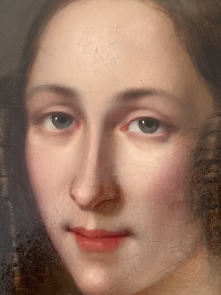 Jenny Lesbroussart( 19th Century) - A Bust- Length Portrait Of A Young Lady In A White  Dress-photo-2