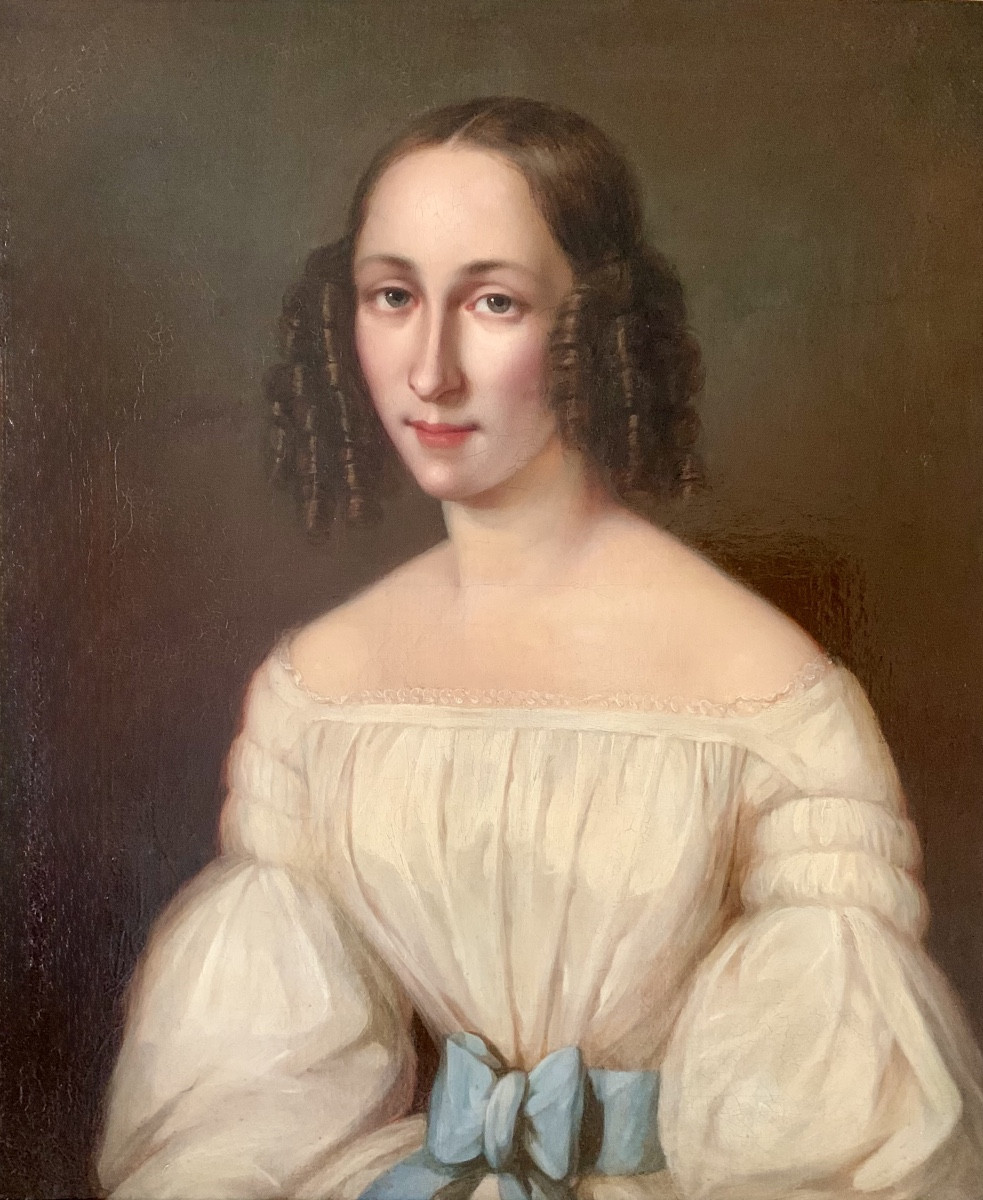 Jenny Lesbroussart( 19th Century) - A Bust- Length Portrait Of A Young Lady In A White  Dress-photo-7