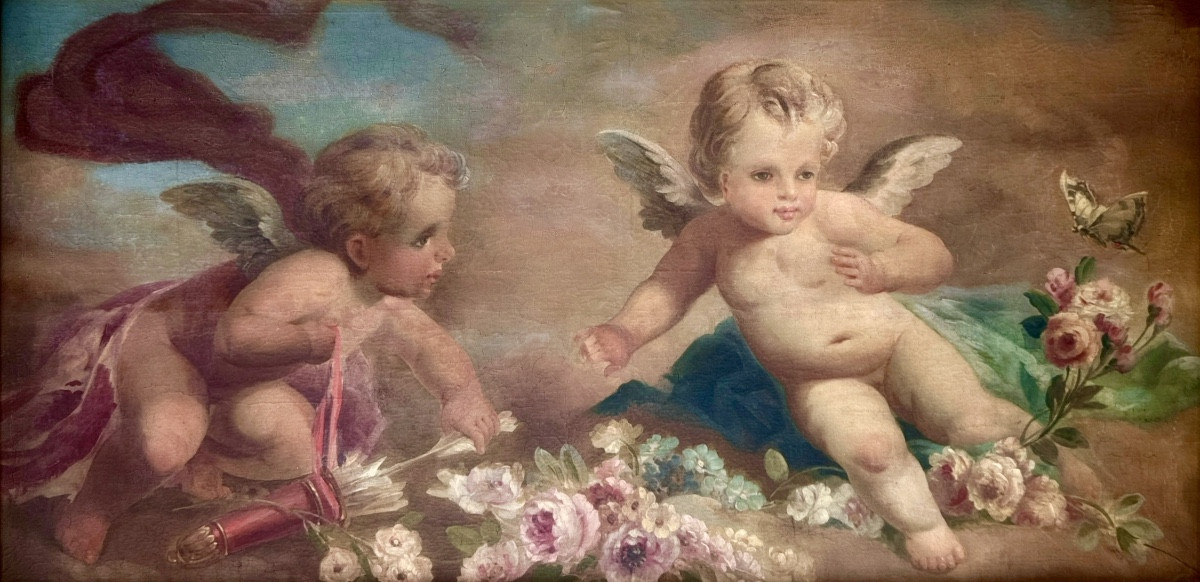 Two Putti With Flowers And Butterfly, Circle Of François Boucher (1703-1770) -photo-5