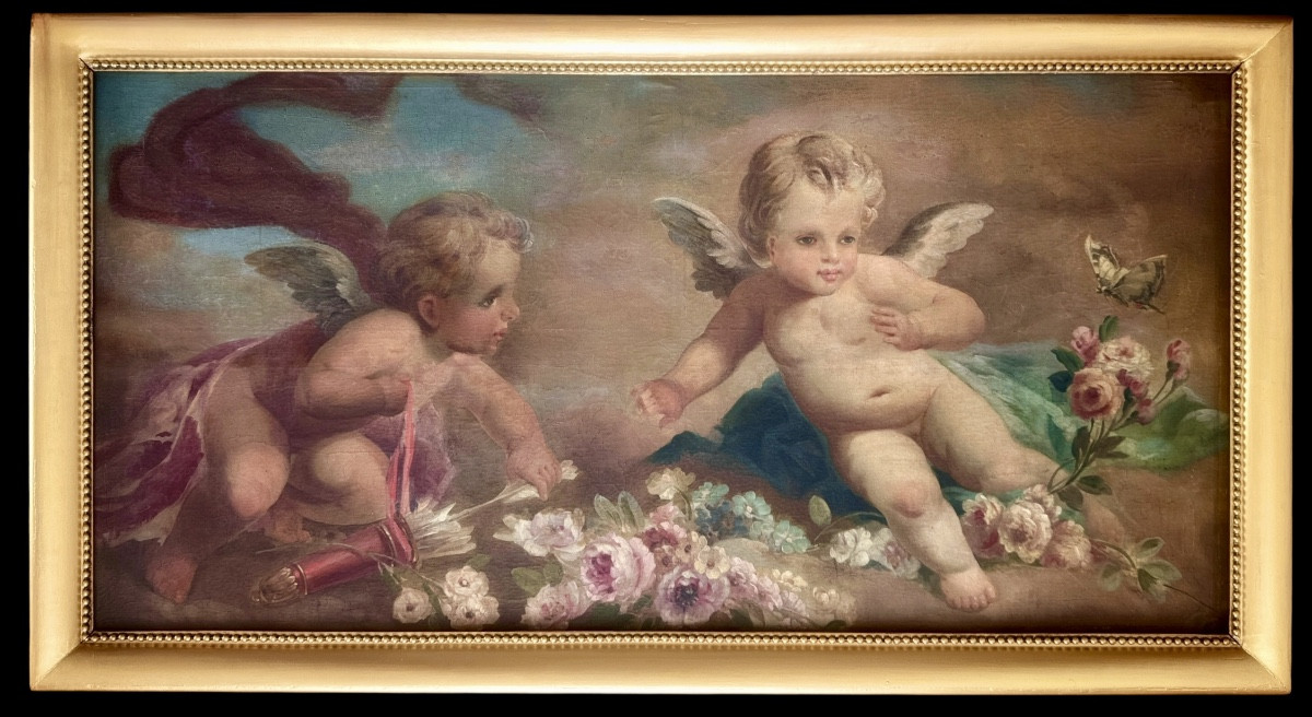 Two Putti With Flowers And Butterfly, Circle Of François Boucher (1703-1770) 