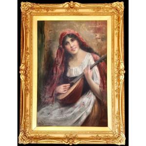William Joseph Carroll (1842-1902) - Portrait d'une belle jeune femme italienne jouant du luth