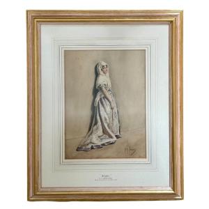 Portrait En Pied d'Une Jeune Femme Aristocratique En Tenue d'époque Tenant Un éventail