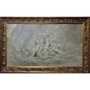 A Trompe L’oeil Bas-relief Depicting Putti Playing On A Dolphin-like Wave