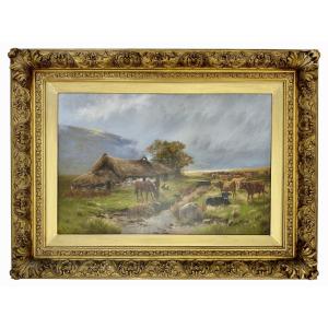 Scottish Highland Landscape And Cottage Scene, Henry Hadfield Cubley (1858-1934)