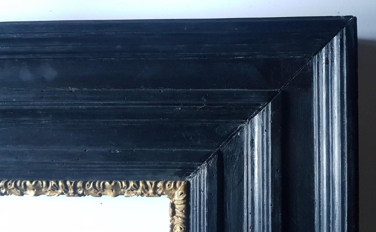 Superbe Cadre Noir Ancien Du 18ème Ou 19ème Siècle Avec Filet Doré Vue : 42 X 32,5 Cm -photo-4