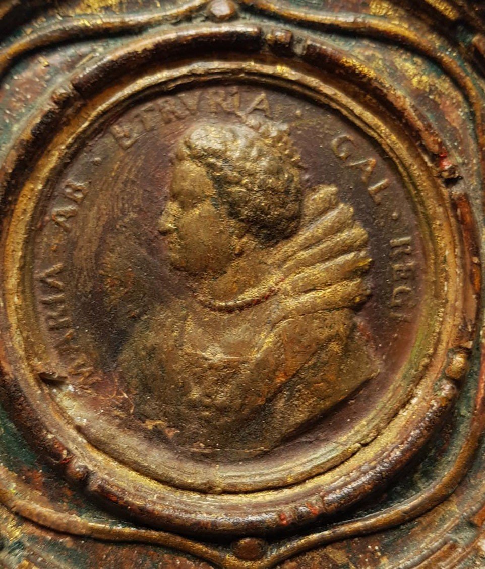 Portrait En Tondo Sculpté De Marie De Médicis, 19e Siècle ?  Bois Sculpté Et Gesso Peint & Doré-photo-2