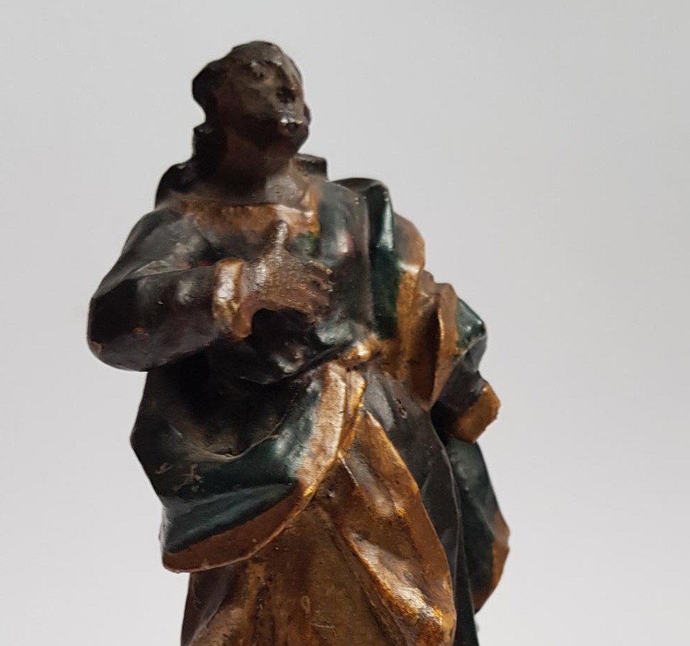 Petite Sculpture Baroque En Bois Polychrome d'Un Saint Du XVIIIe Siècle  Bois Sculpté-photo-2