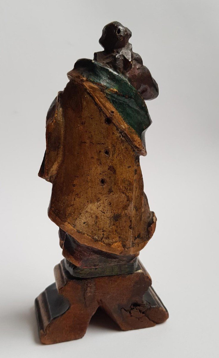 Petite Sculpture Baroque En Bois Polychrome d'Un Saint Du XVIIIe Siècle  Bois Sculpté-photo-4