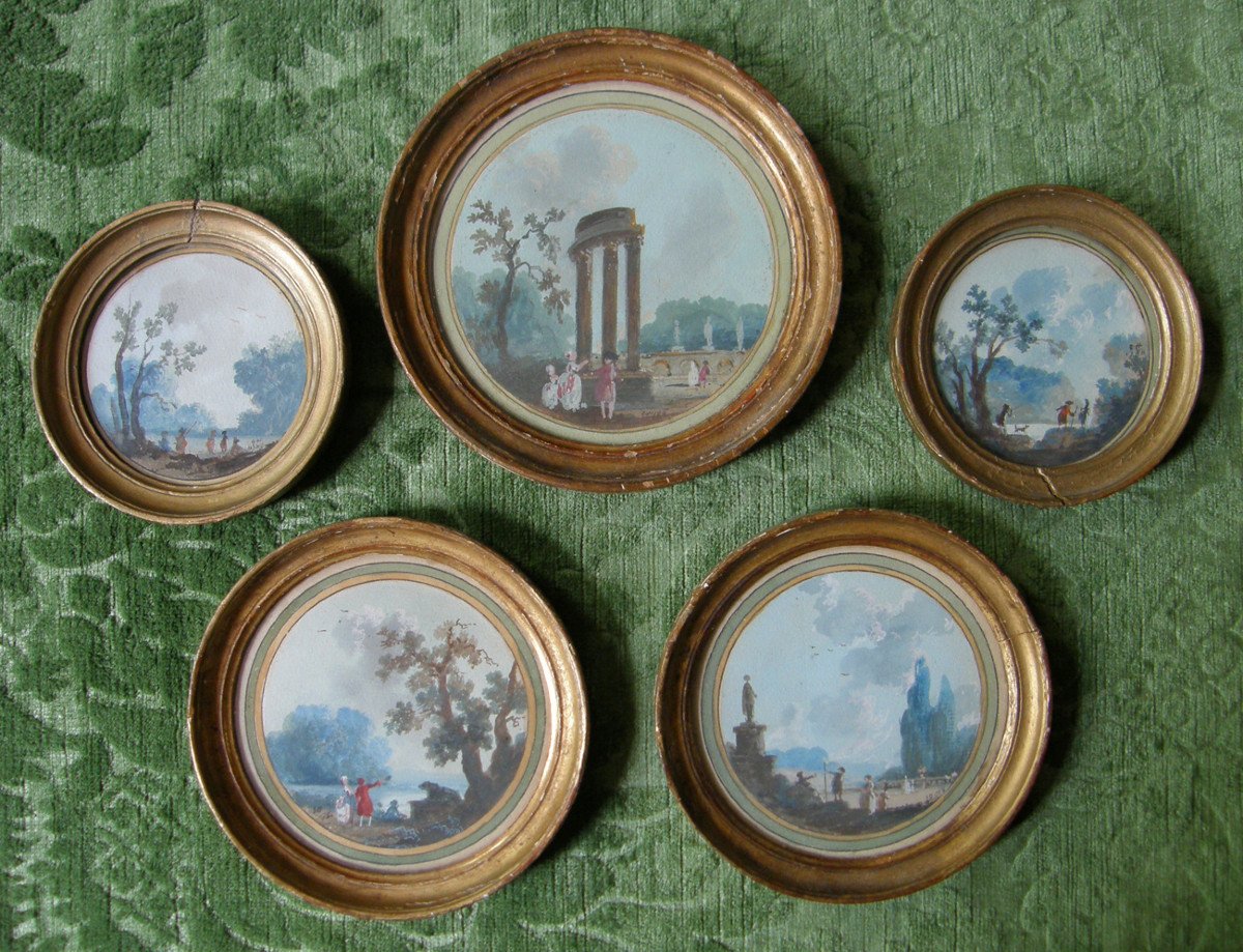 Ensemble De Cinq Dessins Paysages Circulaires XVIIIe Par J-P-L-L Houël 1735-1813 Daté 1784