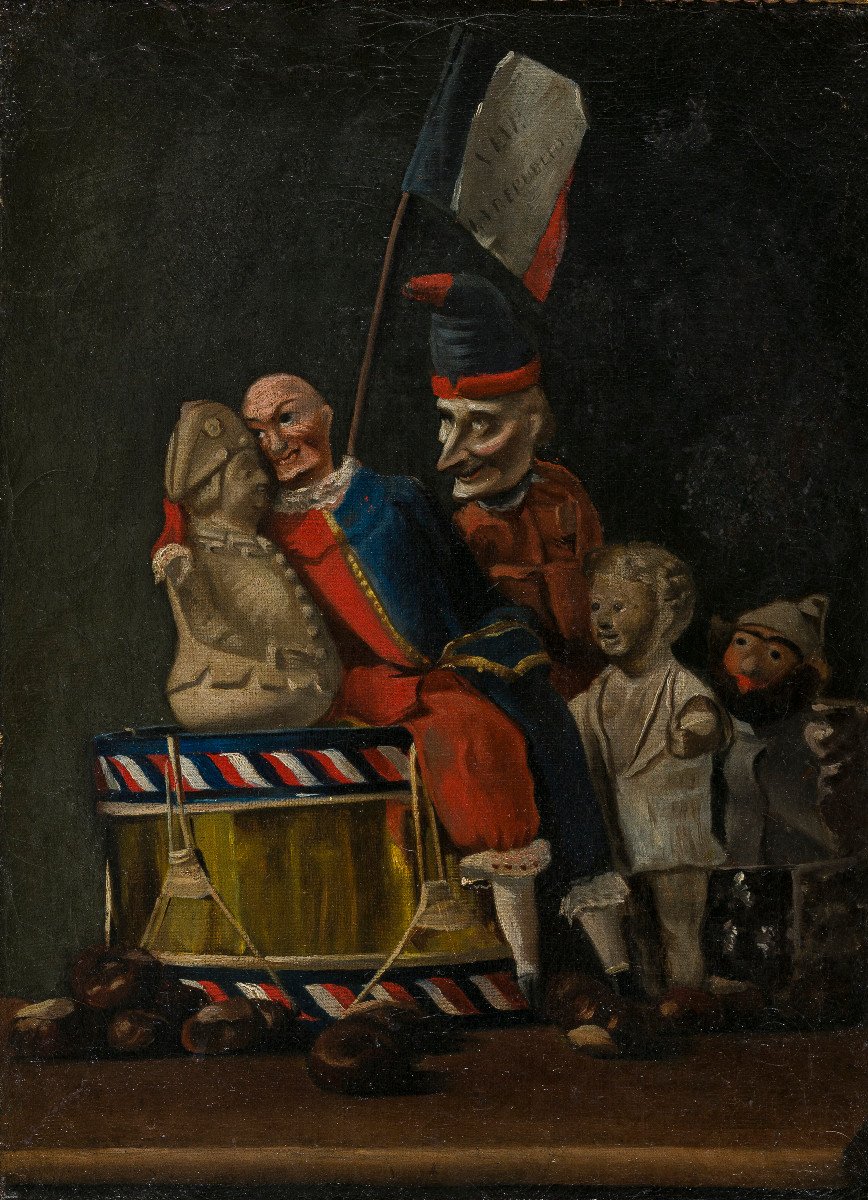 Peinture Ancienécole Française, Fin Du XVIIIe Siècle Personnages Masqués Ridiculisant Louis XVI-photo-2