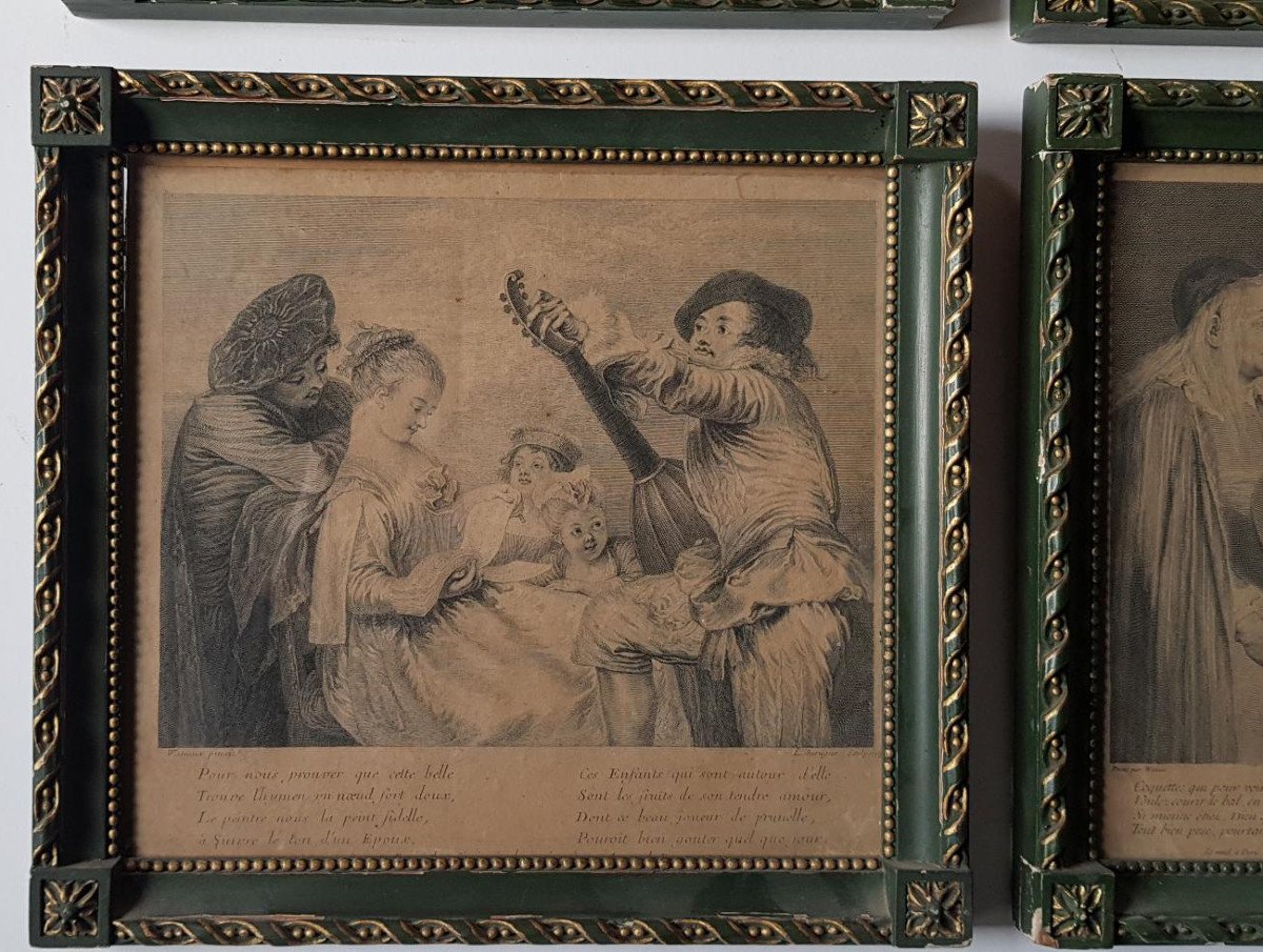 Ensemble De Quatre Gravures Encadrées Du XVIIIe Siècle d'Après Antoine Watteau (1684-1721) -photo-4