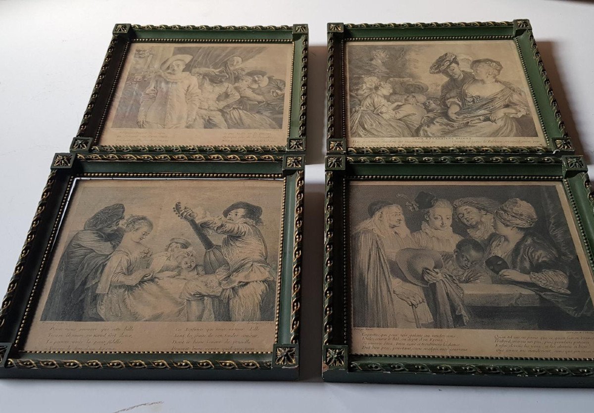 Ensemble De Quatre Gravures Encadrées Du XVIIIe Siècle d'Après Antoine Watteau (1684-1721) -photo-2