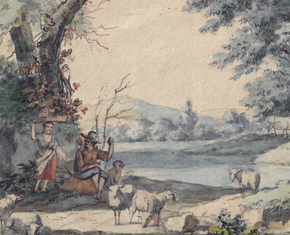 Dessin Ancien Par Anthonie Andriessen (amsterdam 1746–1813) Paysage Italianisant Avec Bergers  -photo-3