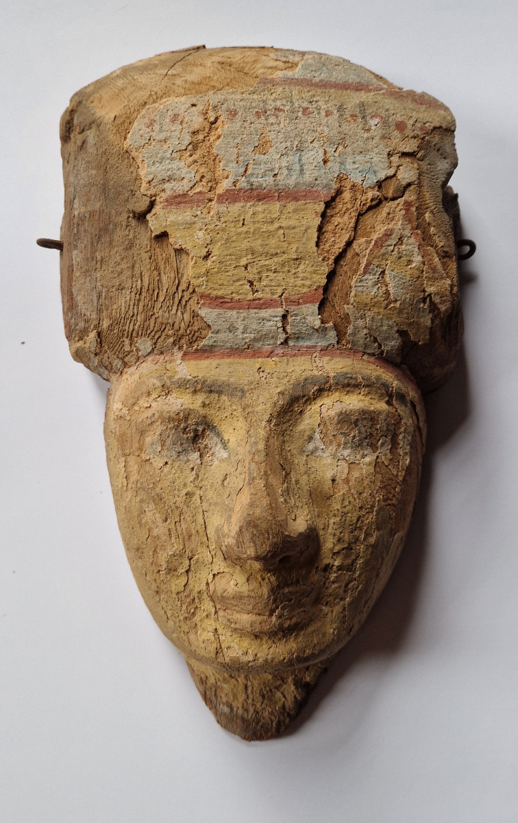 Egyptian Mummy Mask Polychromed Wood Late Dynastic Period Circa 700-300 Bc