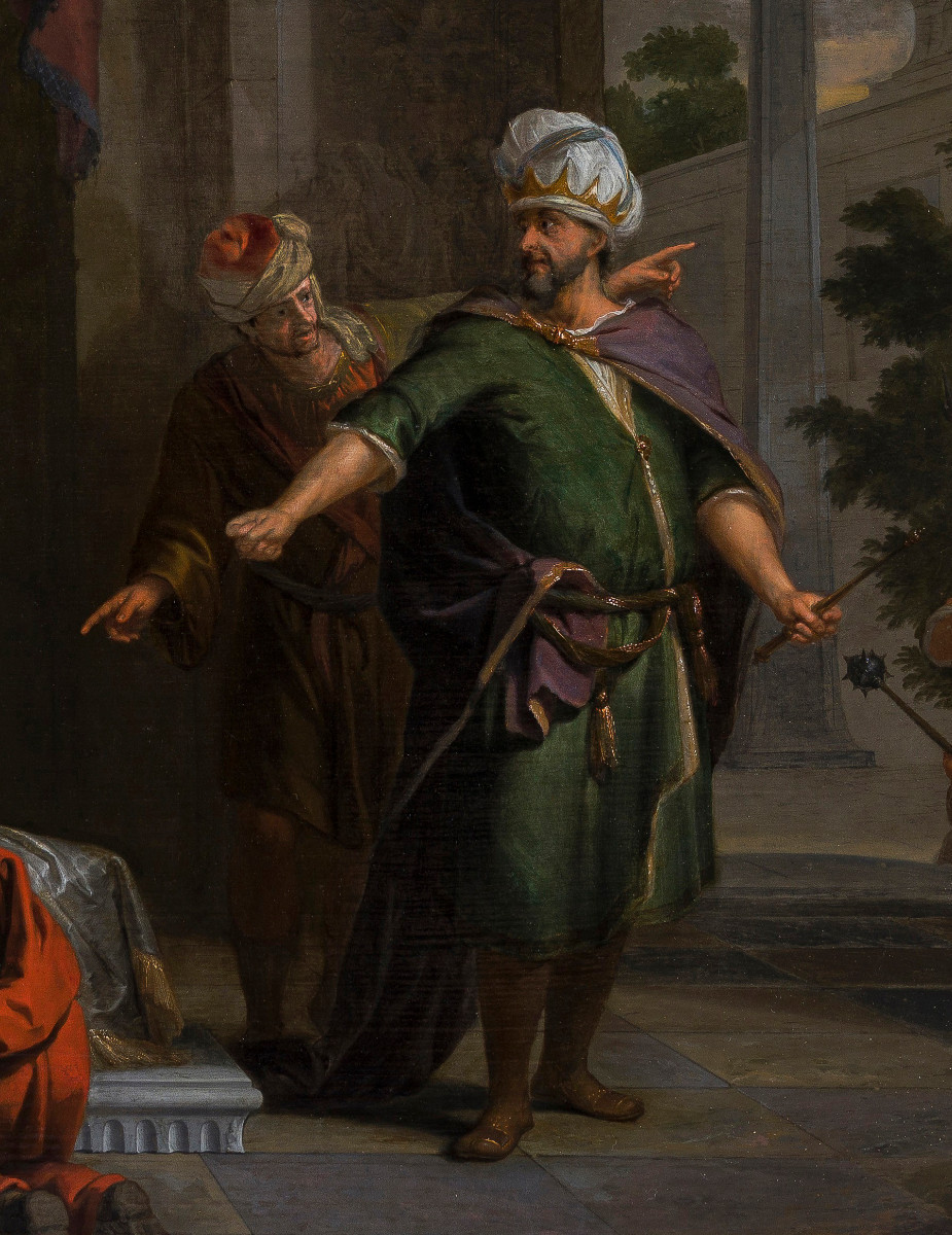 Peinture c1700 XVIIe / XVIIIe par Arnold Houbraken (Dordrecht 1660–1719) Esther and Ahasveros  -photo-4