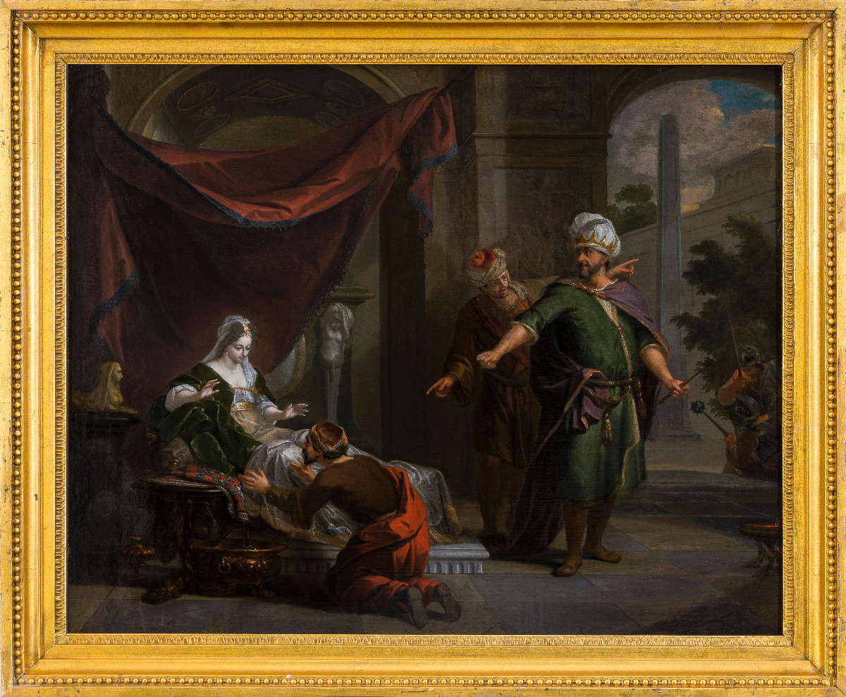 Peinture c1700 XVIIe / XVIIIe par Arnold Houbraken (Dordrecht 1660–1719) Esther and Ahasveros  