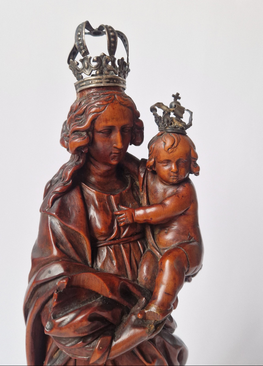 Unknown Flemish Artist, Early 17th Century, The Virgin And Child, Boxwood Sculpture-photo-4