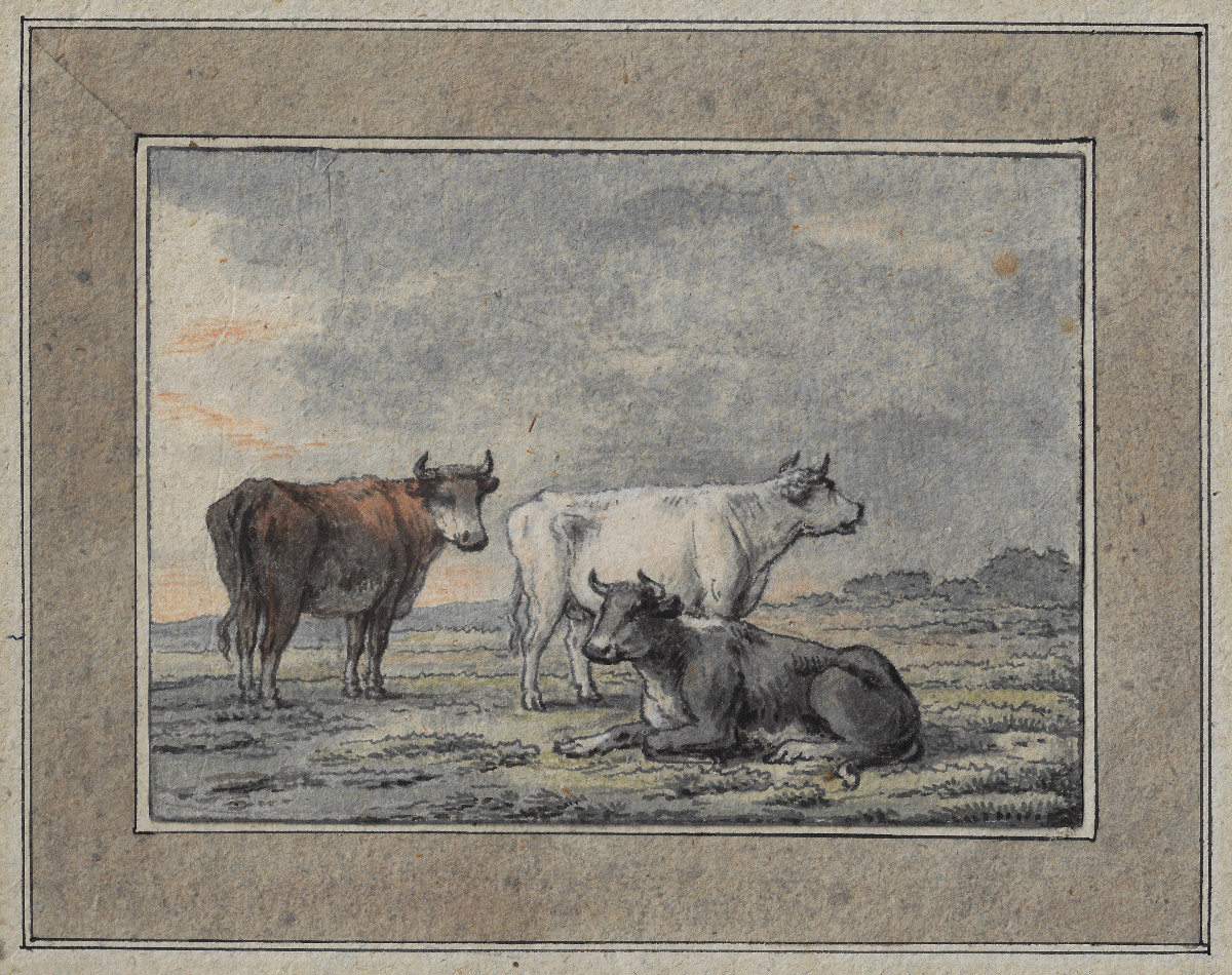 Old Master Drawing C.1800 By Anthonie Andriessen (amsterdam 1746–1813) Cows In Landscape