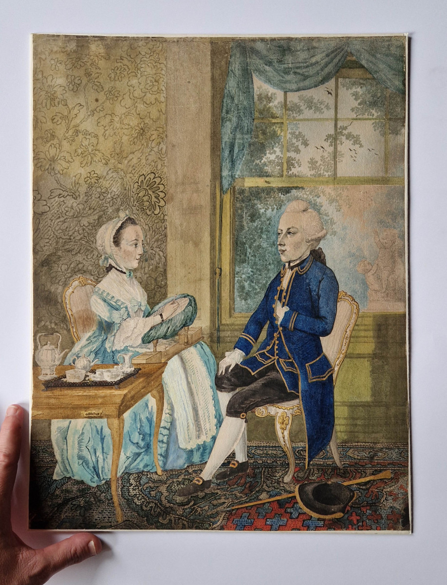 Dessin ancien XVIIIe par Isaac Lodewijk La Fargue van Nieuwland (1726–1805)Portrait d'un couple-photo-3