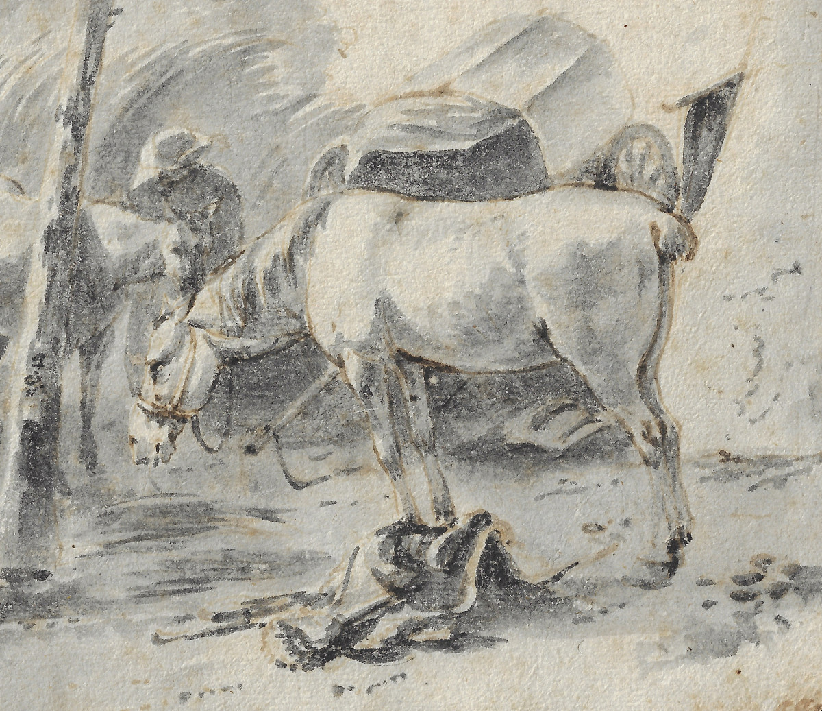 Dessin ancien hollandais XVIIe par Hendrick Verschuring (Gorkum 1627–1690) Chevaux au Repos -photo-2