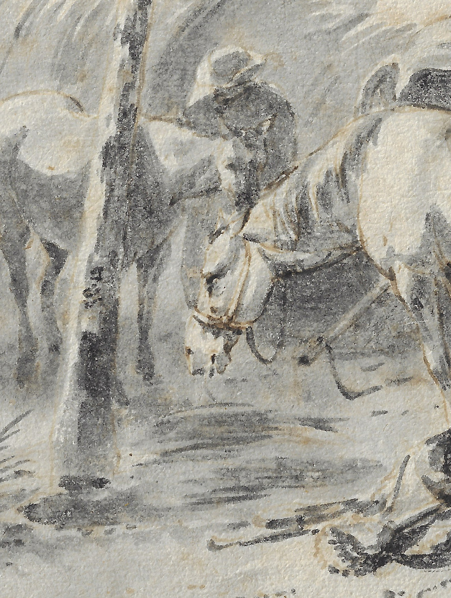 Dessin ancien hollandais XVIIe par Hendrick Verschuring (Gorkum 1627–1690) Chevaux au Repos -photo-4